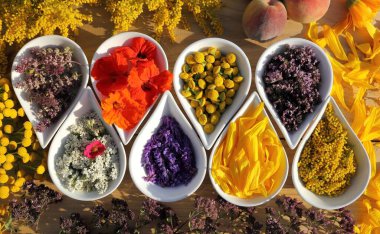 Bitkiler ve çiçekler ahşap arka plan üzerinde seramik kase doğal alternatif ilaçlar kullanılır. Üstten görünüm. Düz yatıyordu.