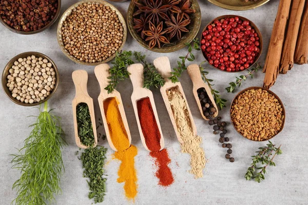 Spices Herbs Wooden Spoon Grey Background Food Cuisine Ingredients — Stock Photo, Image