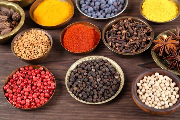 Herbs Spices Metal Bowls Food Cuisine Ingredients Colorful Natural Additives — Stock Photo, Image