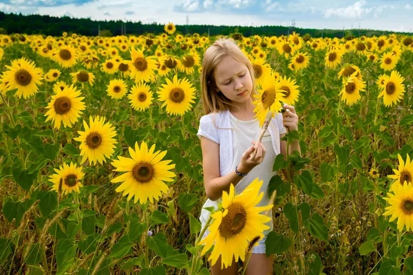 Menina pinta girassóis em um campo — Fotografia de Stock