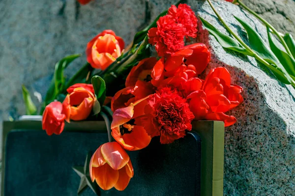 Rote Blumen am Denkmal für russische Soldaten — Stockfoto