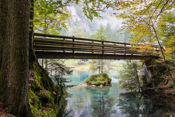 녹색 물 호수 위에 나무 다리 — 스톡 사진