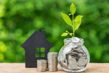 Sikke ve kavanoz yığını paralar büyüme Filiz pla ile dolu