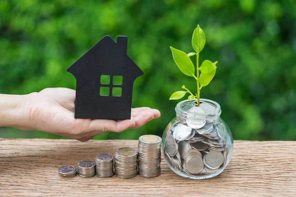 Brote de crecimiento planta en frasco con lleno de monedas y la mano celebración p — Foto de Stock