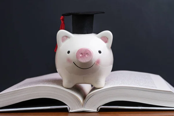 Scholarship, savings for university, cost of knowledge or financial education concept, pink smiling piggy bank with graduation hat on top of opening book with dark blackboard or chalkboard background.