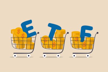 ETF, Exchange Traded Funds, hisse senedi piyasası konsepti, alışveriş arabaları veya para dolu tramvay ve alfabe ile ETF sözcüğünü birleştiren gerçek zamanlı yatırım yatırım fonlarının izlenmesi