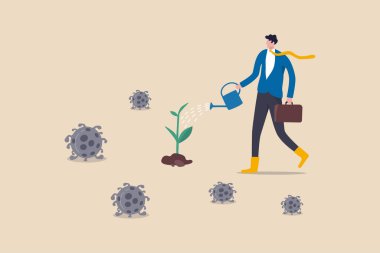 Coronavirus COVID-19 salgını sonrası ekonomik restorasyon, salgın sonrası hükümet politikası, iş dünyasının toparlanmasına yardımcı olma, iş adamı tohumlama fabrikasını ölüm virüsü patojeni ile sulama.