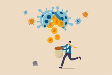 Coronavirus COVID-19 krizi veya ekonomik durgunluk konsepti, yatırımcı ya da iş sahibi, virüs patojenden altın sikke parası almak için iş fırsatı ya da pazarlık hisse senedi yatırımları.