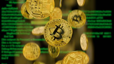 Arka plan bilgisayar monitörü üzerine düşen bitcoins