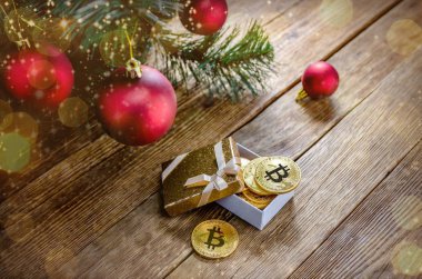 Sikke bitcoin yalan bir kutusunda altında Noel ağacı dalı dekor