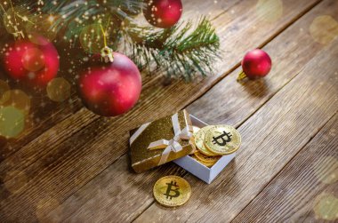 Coins bitcoin lie in a box under the Christmas tree branch decor clipart