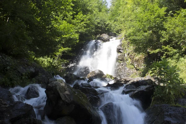 Papel de parede bonito de cachoeira, fluxo de leite rápido fluxo. Abkhazia rio de montanha rochoso na floresta. Cachoeira — Fotografia de Stock