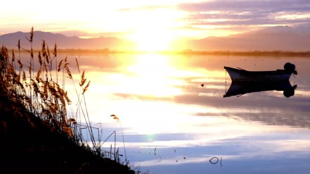 Лодка на озере на закате — стоковое видео