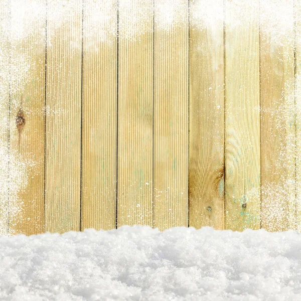 Christmas pine wooden background with snowfall and snowdrift. View with copy space — Stock Photo, Image