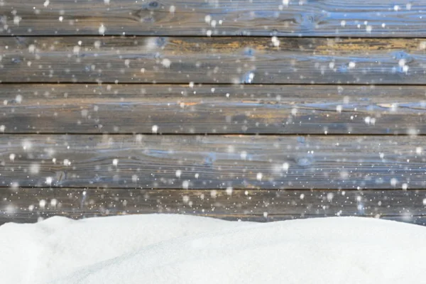 Old wooden background with snowfall and snowdrift — Stock Photo, Image