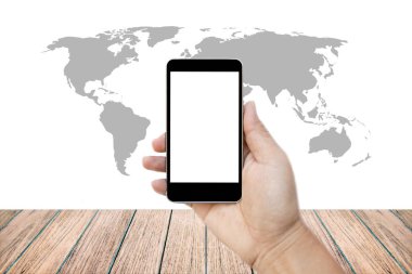 Boş ekran ile beyaz cep telefonu tutan el görüntü kadar alay