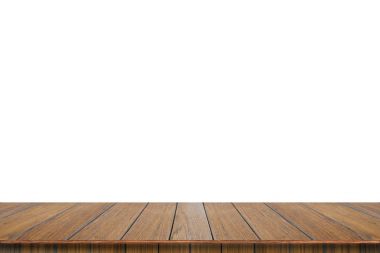 Boş ahşap masa üstü izole beyaz arka plan üzerinde.
