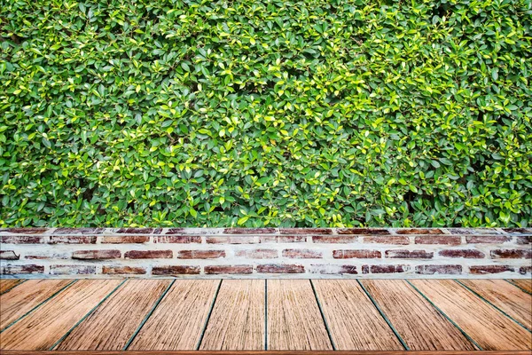 Boş ahşap masa çim duvar arka plan üzerinde en iyi.