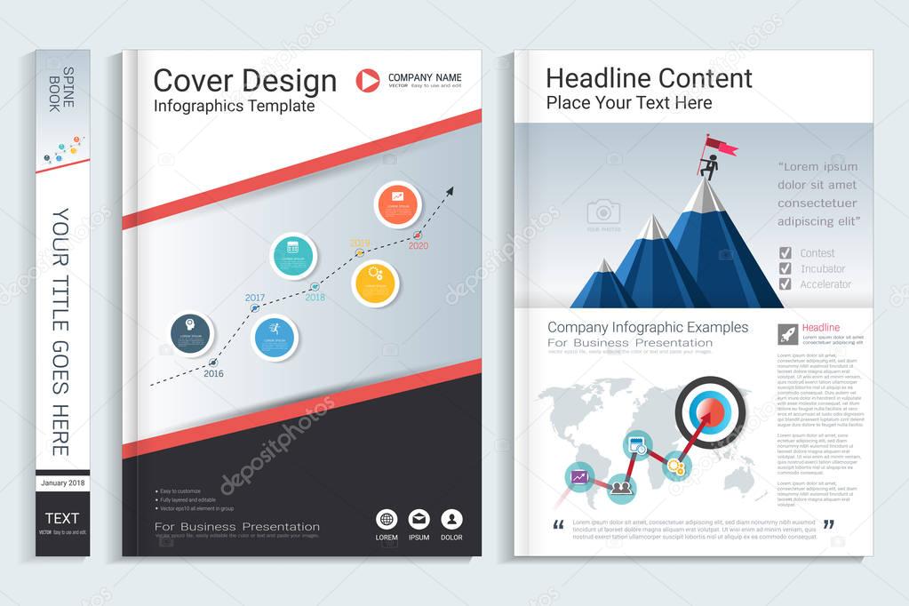 Cover book design template with presentation infographics elements, Use for annual report, proposal, portfolio, brochure, flyer, leaflet, catalog, magazine, booklet, Vector template in A4 layout.