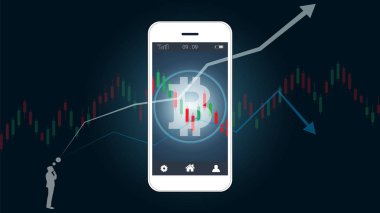 Akıllı telefon ekran bitcoin başarı grafiği yukarı tırmanma mum grafikleri, küresel ağ bağlantısı ve iş analizi, Forex borsa yatırım ve bitcoin ticaret kavramı ile gösterilen.