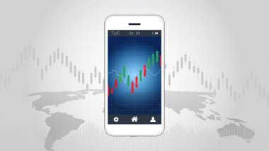 Akıllı telefon ekran mali gösterilen ve şamdan sunum şablonu, küresel ağ bağlantısı ve iş analizi, kavram Ticaret Forex borsa yatırım tırmanma grafikler grafik.