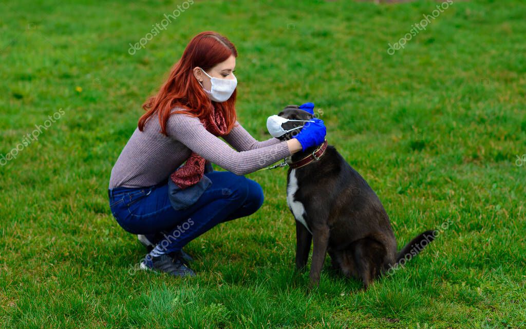Young female using a face mask as a coronavirus spreading prevention walking with her dog. Global COVID-19 pandemic concept image.