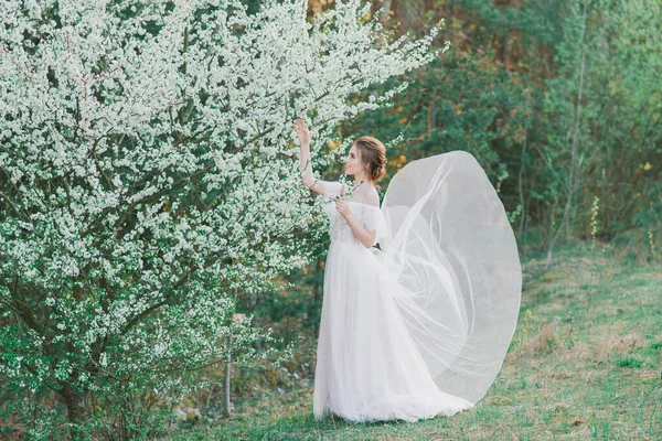 Jonge Mooie Vrouw Bloeiende Tuin — Stockfoto