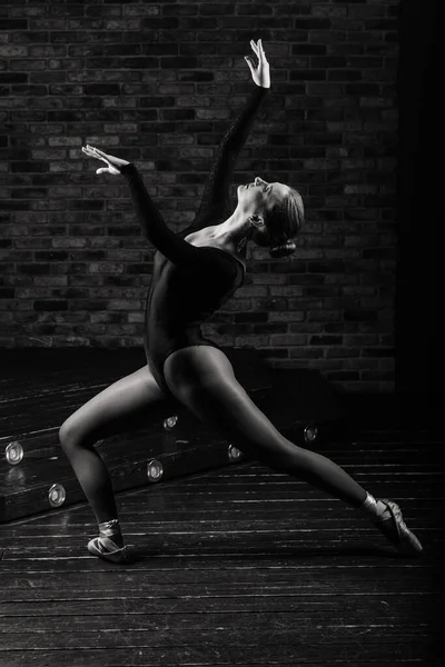美しい若い女性の古典的なバレエダンサーは スタジオの背景に黒のレオタードとスカートを身に着けている点の靴 — ストック写真