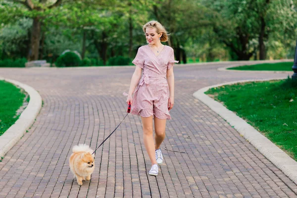 Attractive young woman holding dog spitz outside and smiling at camera, walking in the park. Concept about friendship between people and animals.