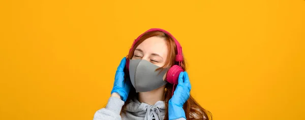 Portrait Girl Mask Which Puts Rubber Glove Yellow Background Copy — Stock Photo, Image