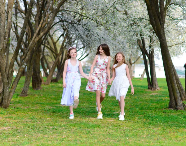 Drie Mooie Meisjes Retro Jurken Voor Een Wandeling Een Bloemrijke — Stockfoto