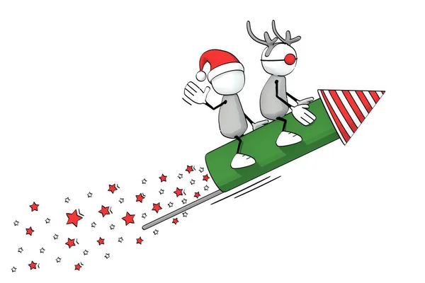 Little sketchy man with santa hat and reindeer flying on a rocket — Stock Photo, Image