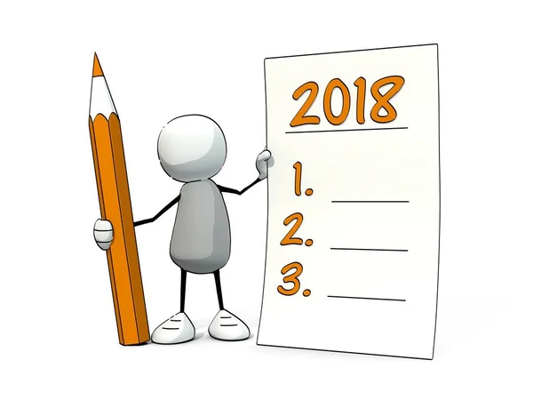 Pequeño hombre incompleto con lápiz haciendo buenas resoluciones para 2018 — Foto de Stock