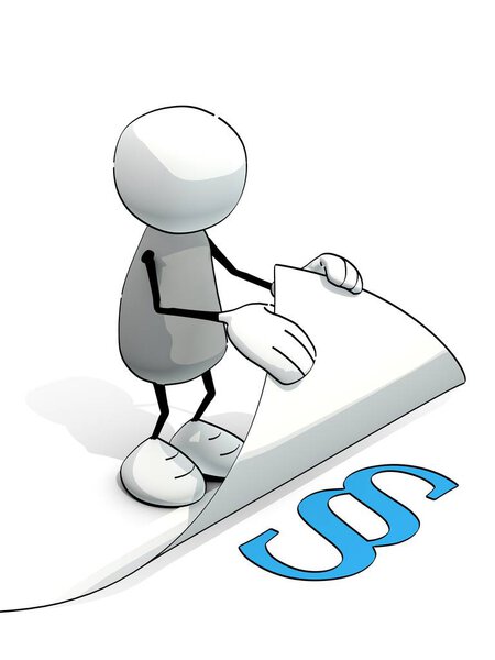 little sketchy man turning white paper page - blue paragraph