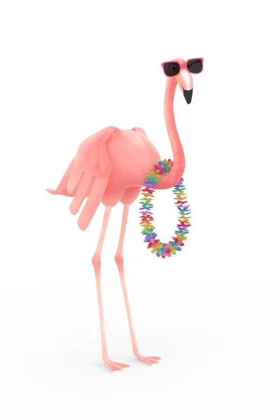 Roze Flamingo Met Zonnebril Hawaiiaanse Flower Garland Witte Achtergrond — Stockfoto