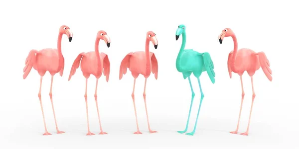 Vier Roze Een Groene Flamingos Groen Het Nieuwe Roze Rechtenvrije Stockfoto's