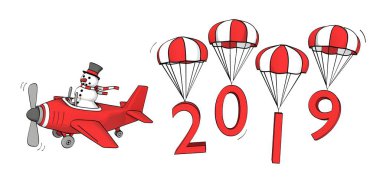 paraşüt üzerinde uçan bir uçak ve yıl 2019 küçük yarım yamalak kardan adam
