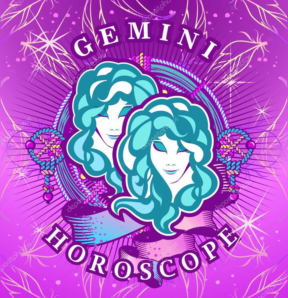 Vector illustration of magic horoscope sign Gemini style of the 60s, bright hippie art