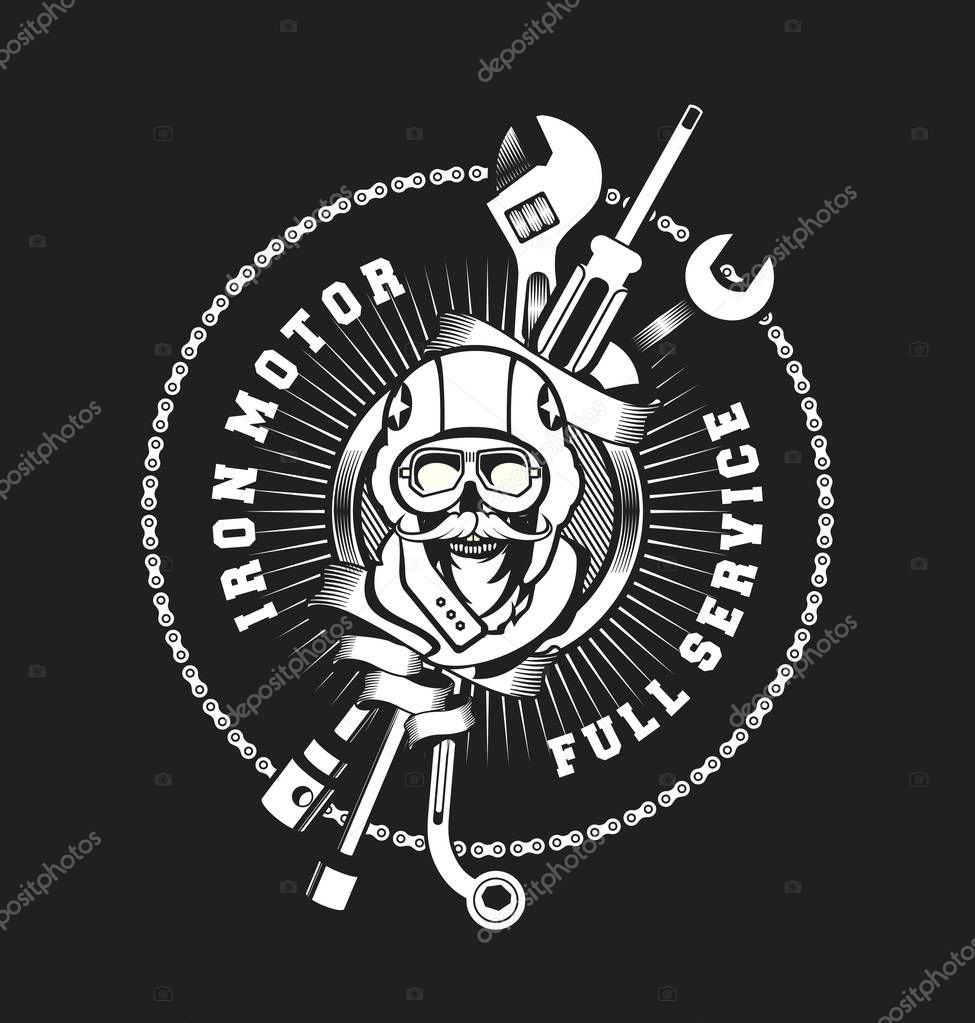 Vector emblem garage skull helmet around tools black and white