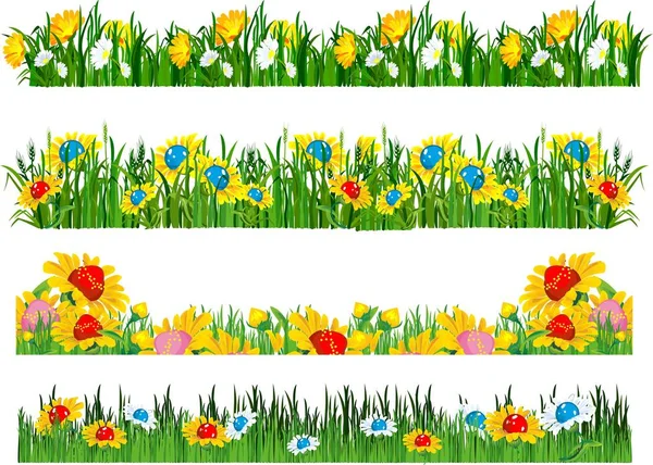 Uppsättning av gräs och blommor — Stock vektor