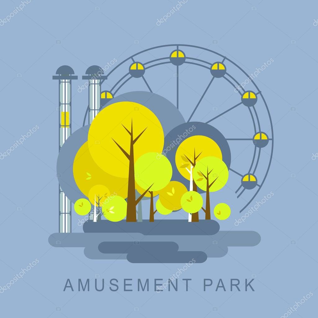 Vector illustration of an urban amusement park Ferris wheel isolated on a blue background autumn