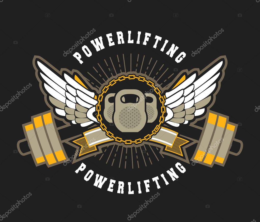 Vector sport emblem for the gym kettlebell competition with wings in chains on a black background
