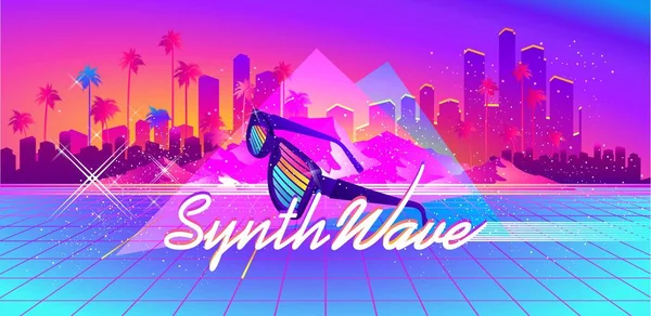 stock vector Synthwave cyber landscape with laser grid