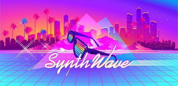 Synthwave cyber landscape with laser grid