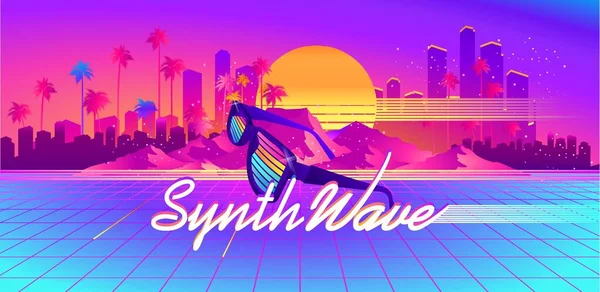 Synthwave-Cyber-Landschaft mit Lasergitter — Stockvektor