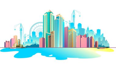 Yatay pankart gündüz şehir manzarası Şehir Vektörü illüstrasyonunun panoramik görüntüsü