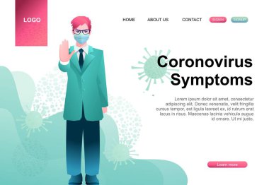 Tıp bilimadamı koronavirüs, salgın, online soruları cevaplıyor, iniş sayfası şablonu, konsept afişi