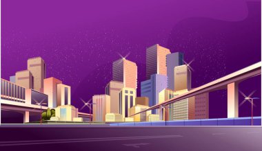Gece şehrinin panoraması, caddeler ve yollar ve köprüler neon ışıklarıyla aydınlatılmış, ilçe konsepti yatay afiş, düz vektör illüstrasyonu