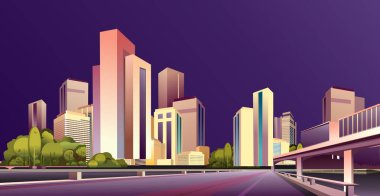 Gece şehrinin panoraması, caddeler ve yollar ve köprüler neon ışıklarıyla aydınlatılmış, ilçe konsepti yatay afiş, düz vektör illüstrasyonu