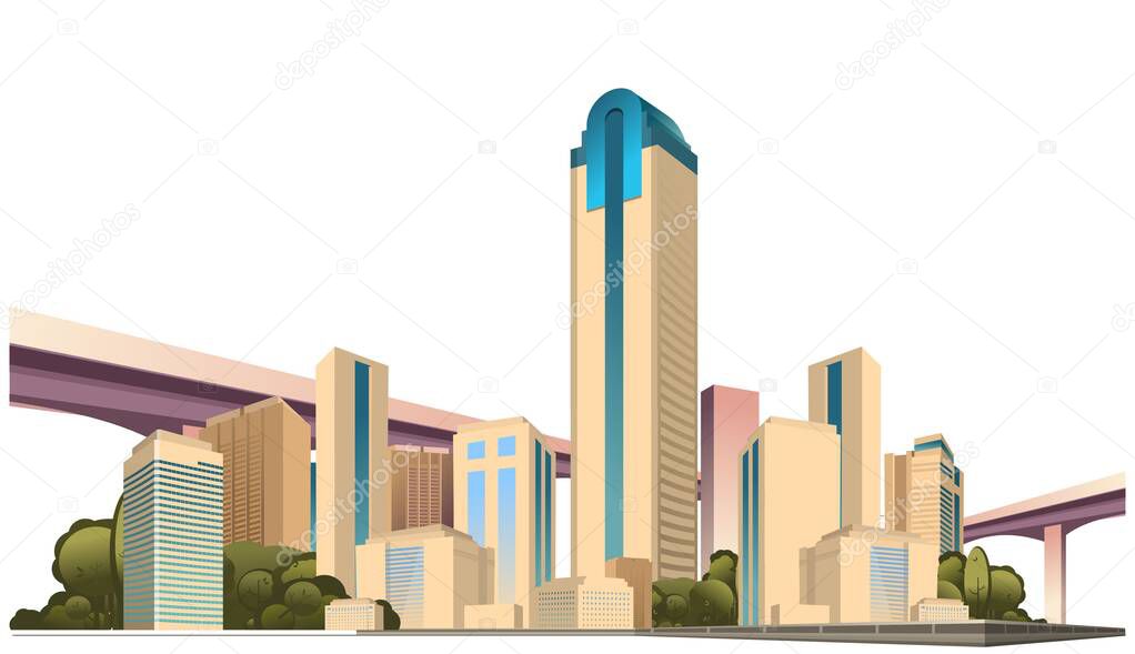 City street buildings, skyline view, white real estate background, district concept horizontal banner on white background, flat vector illustration